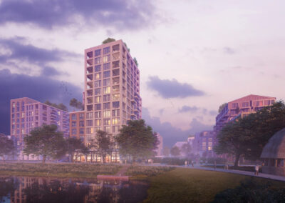 Residential towers in Zwole, Netherlands - Foggy 3D architectural rendering 01