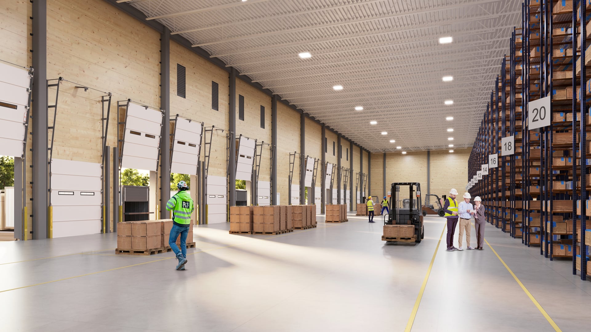 Warehouse design of logistic commercial building, which construction is made of mass timber in Texas, USA - interior rendering 01