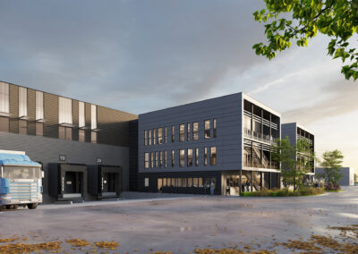 Warehouse design of logistic commercial building, France - exterior retail rendering 02
